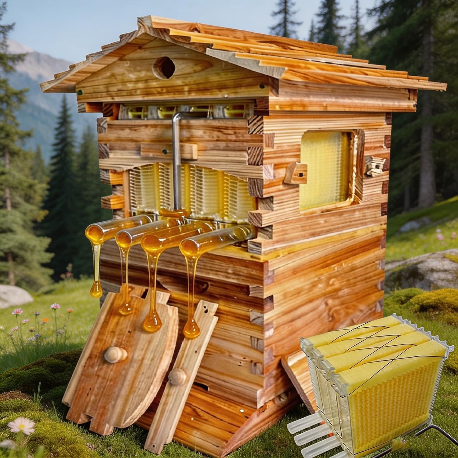 Beehive Frame Wax - 2-in-1 Self-Flowing Honey Beehive Wooden Box,